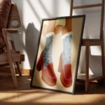 affiche avec une illustration de pieds chausses de mocassins marron a talons et encadre.webp