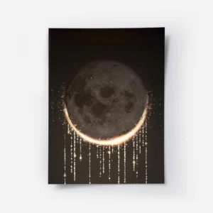 affiche avec une illustration dune eclipse lunaire et une pluie detincelles dore.webp