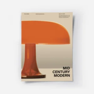 affiche avec une lampe orange de style mid century modern.webp