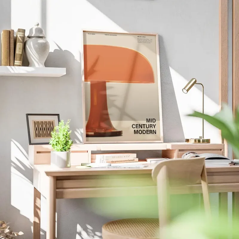 affiche avec une lampe orange de style mid century modern bureau.webp
