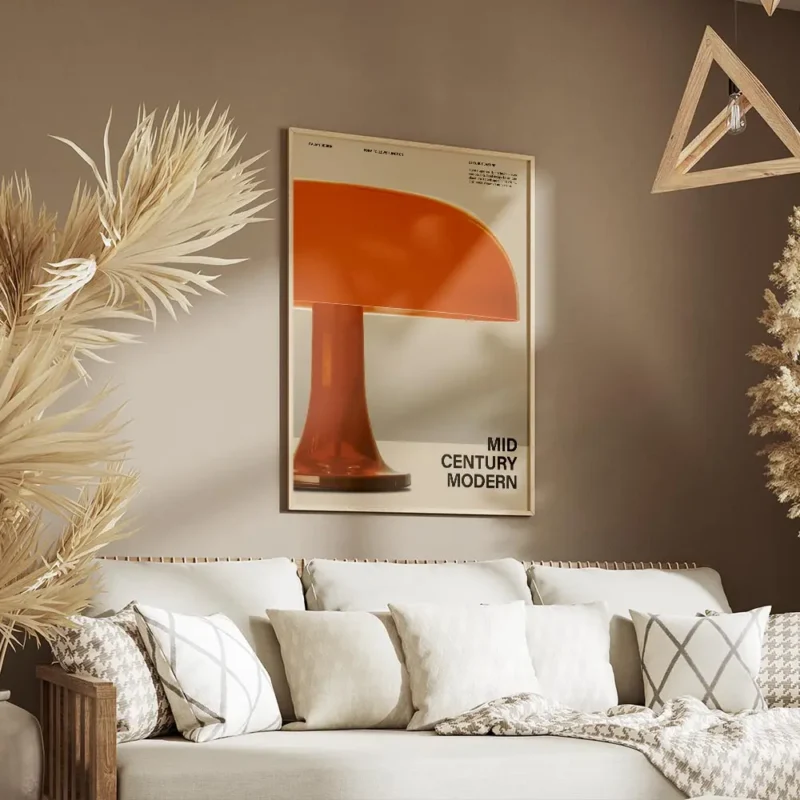 affiche avec une lampe orange de style mid century modern salon.webp