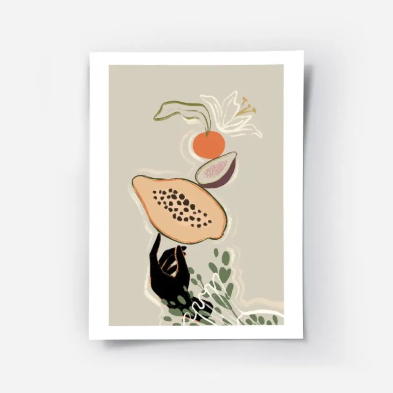 affiche avec une main noire en equilibre sur une papaye une figue une orange et .webp