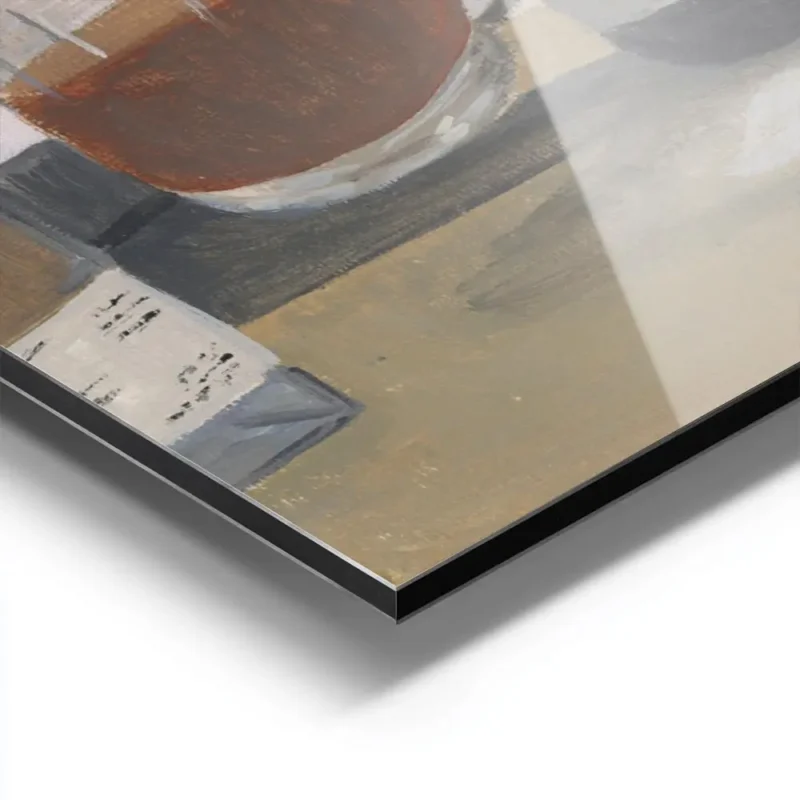 affiche avec une nature morte de bouteille de vin verre a pied et verre a whisky aluminium.webp
