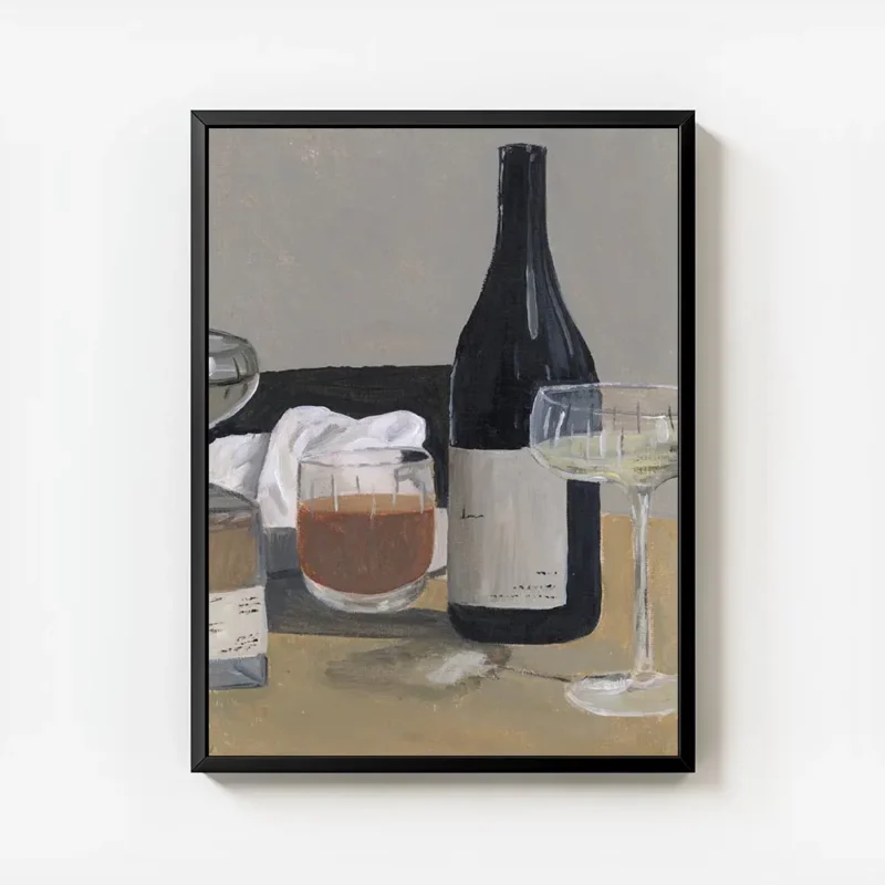 affiche avec une nature morte de bouteille de vin verre a pied et verre a whisky avec cadre.webp