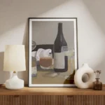 affiche avec une nature morte de bouteille de vin verre a pied et verre a whisky meuble.webp