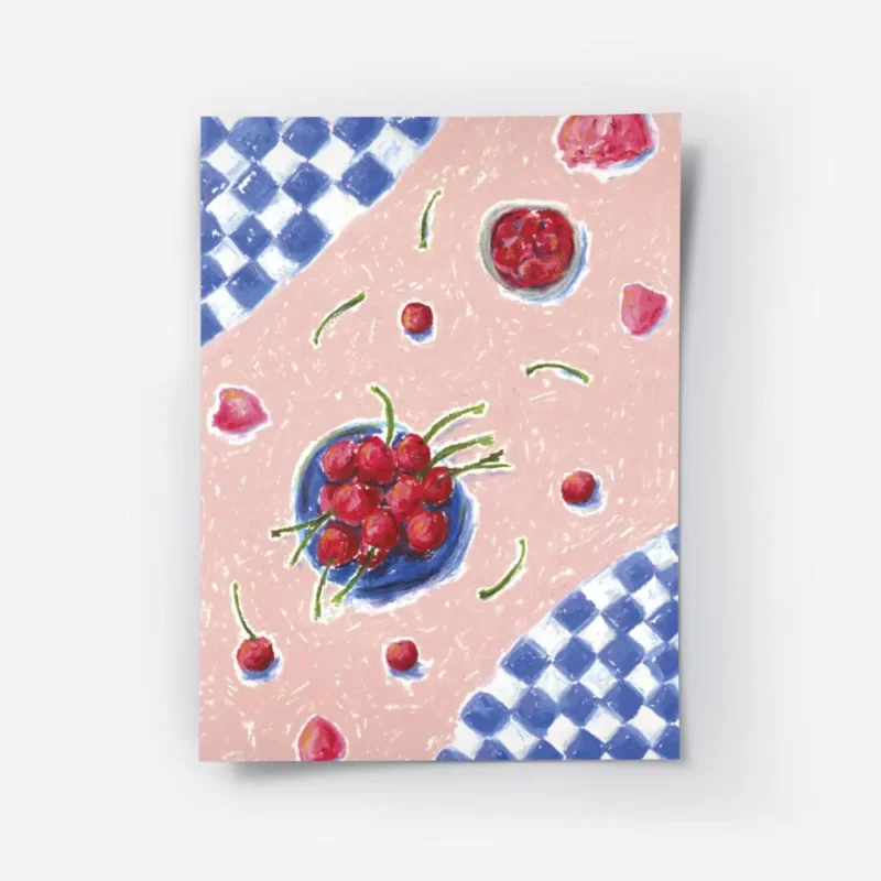 affiche avec une nature morte de cerises rouges et de petales sur une nappe rose.webp