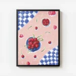 affiche avec une nature morte de cerises rouges et de petales sur une nappe rose avec cadre.webp