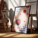 affiche avec une nature morte de cerises rouges et de petales sur une nappe rose encadre.webp