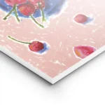 affiche avec une nature morte de cerises rouges et de petales sur une nappe rose lightpanel.webp