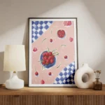 affiche avec une nature morte de cerises rouges et de petales sur une nappe rose meuble.webp