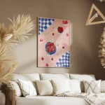 affiche avec une nature morte de cerises rouges et de petales sur une nappe rose salon.webp