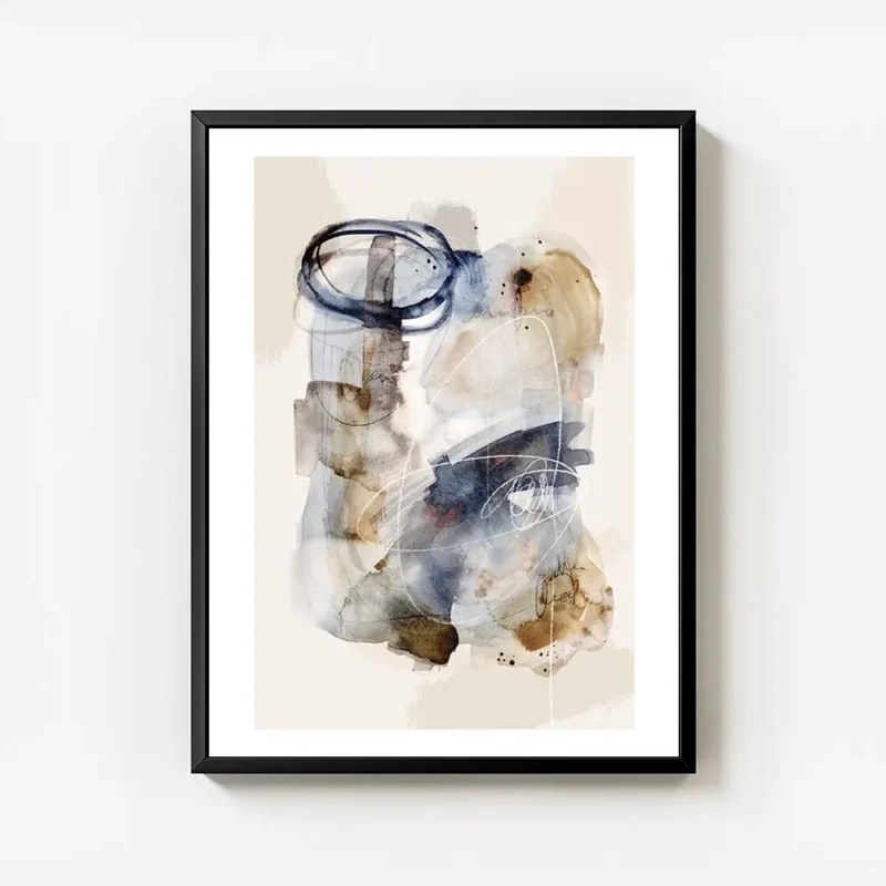 affiche avec une peinture a laquarelle abstraite aux coups de pinceau bleus et b avec cadre.webp