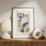 affiche avec une peinture a laquarelle abstraite aux coups de pinceau bleus et b meuble.webp