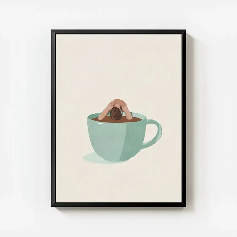 affiche avec une personne plongeant la tete et les bras dans une tasse de cafe s avec cadre.webp