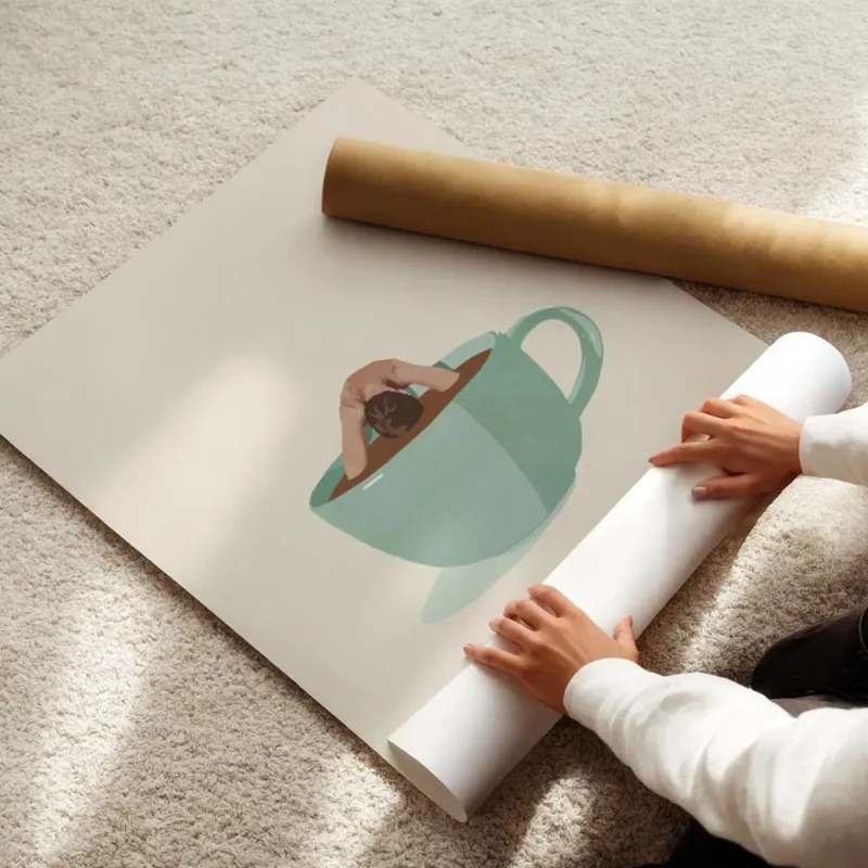 affiche avec une personne plongeant la tete et les bras dans une tasse de cafe s enroule.webp