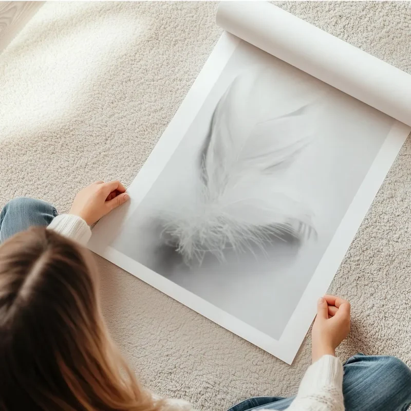 affiche avec une plume blanche duveteuse et legere posee sur un fond blanc pour en rouleau.webp