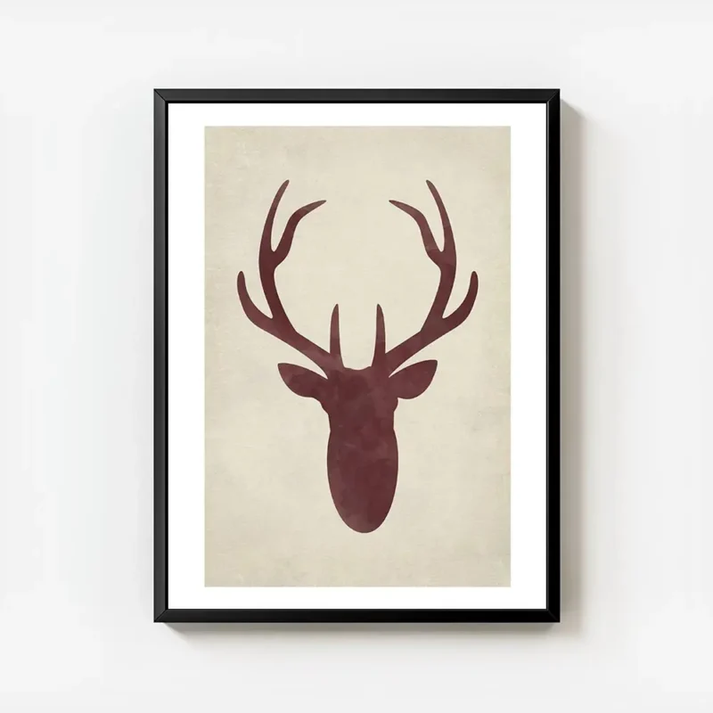 affiche avec une silhouette de cerf rouge sur fond beige typographie aquarelle f avec cadre.webp