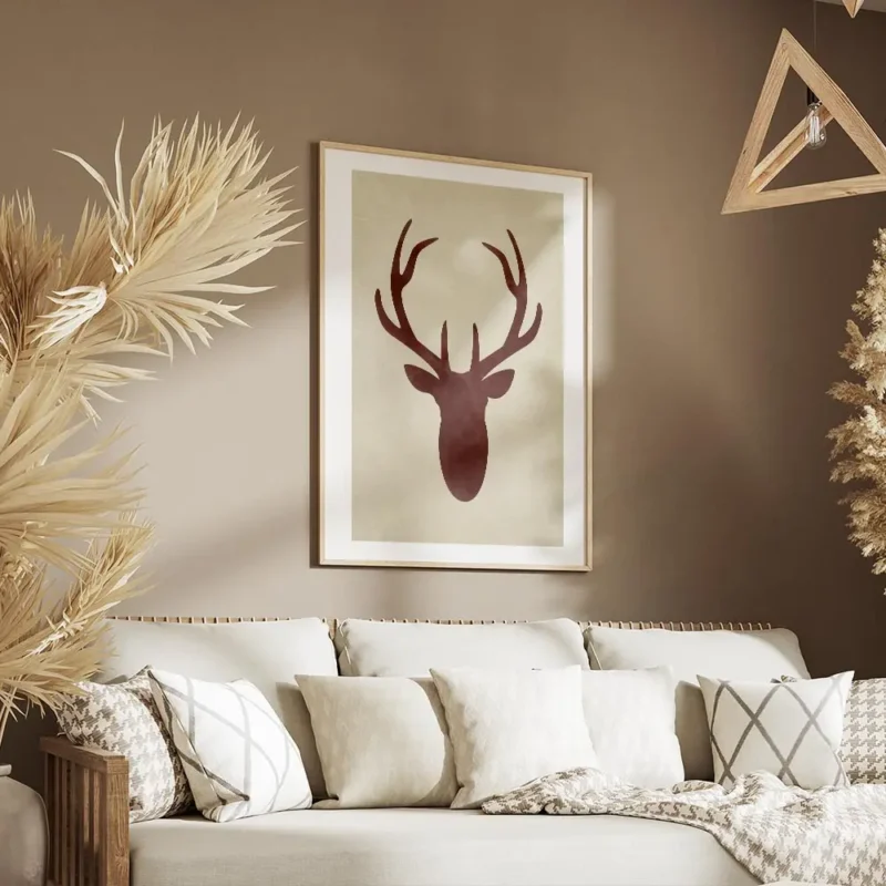 affiche avec une silhouette de cerf rouge sur fond beige typographie aquarelle f salon.webp