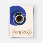 affiche avec une tasse despresso noir sur une soucoupe bleue et le texte classic.webp