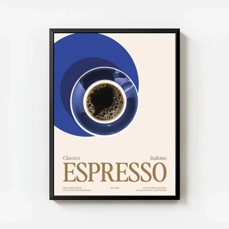 affiche avec une tasse despresso noir sur une soucoupe bleue et le texte classic avec cadre.webp
