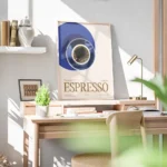 affiche avec une tasse despresso noir sur une soucoupe bleue et le texte classic bureau.webp