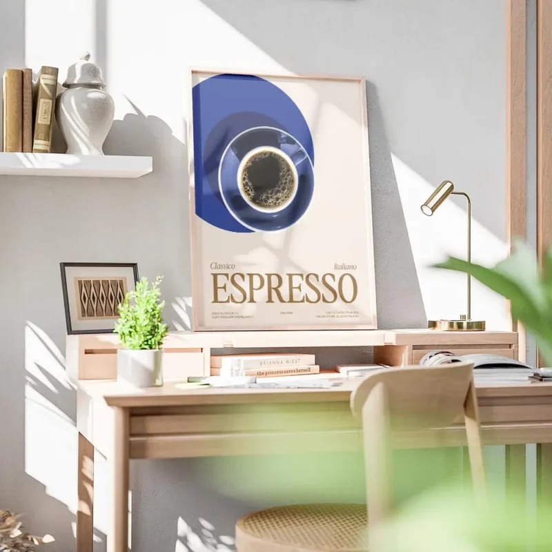 affiche avec une tasse despresso noir sur une soucoupe bleue et le texte classic bureau.webp