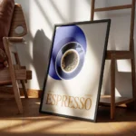 affiche avec une tasse despresso noir sur une soucoupe bleue et le texte classic encadre.webp