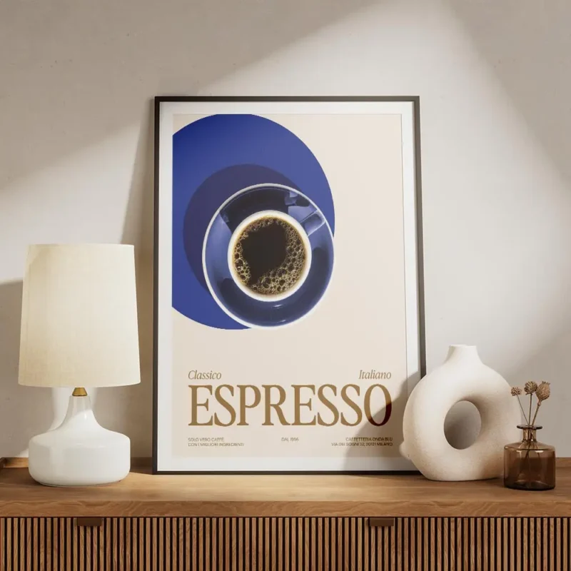 affiche avec une tasse despresso noir sur une soucoupe bleue et le texte classic meuble.webp