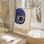 affiche avec une tasse despresso noir sur une soucoupe bleue et le texte classic salon beige.webp