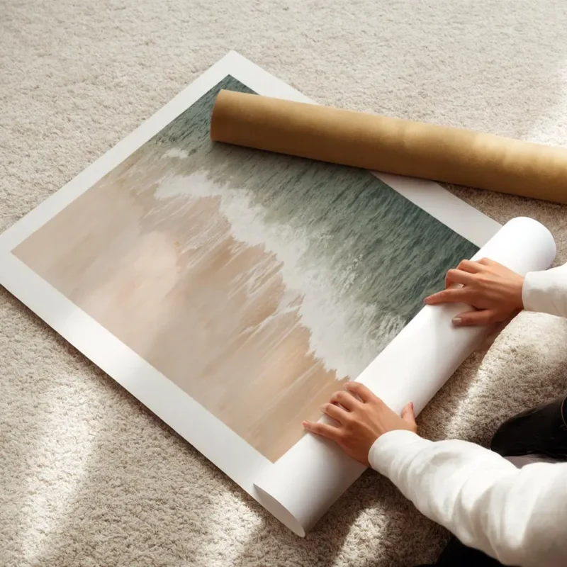 affiche avec vue aerienne sur une plage de sable beige et les vagues deferlantes enroule.webp