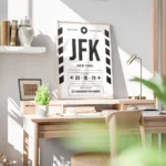 affiche avion personnalisee en noir et blanc avec texte jfk new york et date de bureau.webp