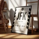 affiche avion personnalisee en noir et blanc avec texte jfk new york et date de encadre.webp