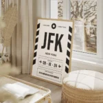 affiche avion personnalisee en noir et blanc avec texte jfk new york et date de salon beige.webp