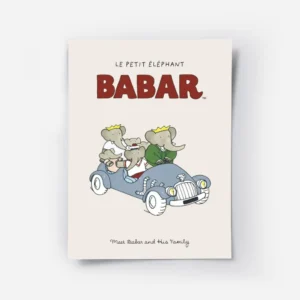 affiche babar et sa famille delephants en voiture bleue illustration joyeuse de .webp