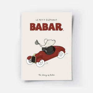 affiche babar vintage lelephant en costume noir conduisant une voiture rouge sur.webp