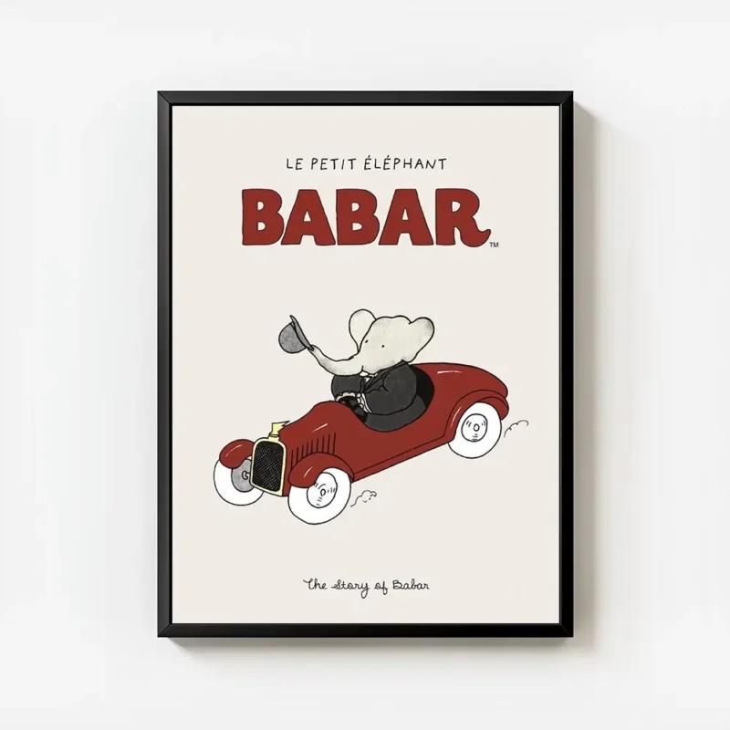affiche babar vintage lelephant en costume noir conduisant une voiture rouge sur avec cadre.webp