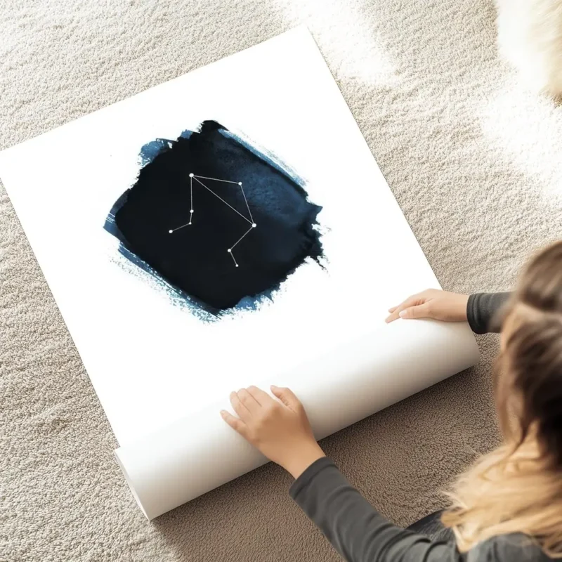affiche balance avec constellation blanche sur une forme aquarelle bleu fonce et au sol.webp