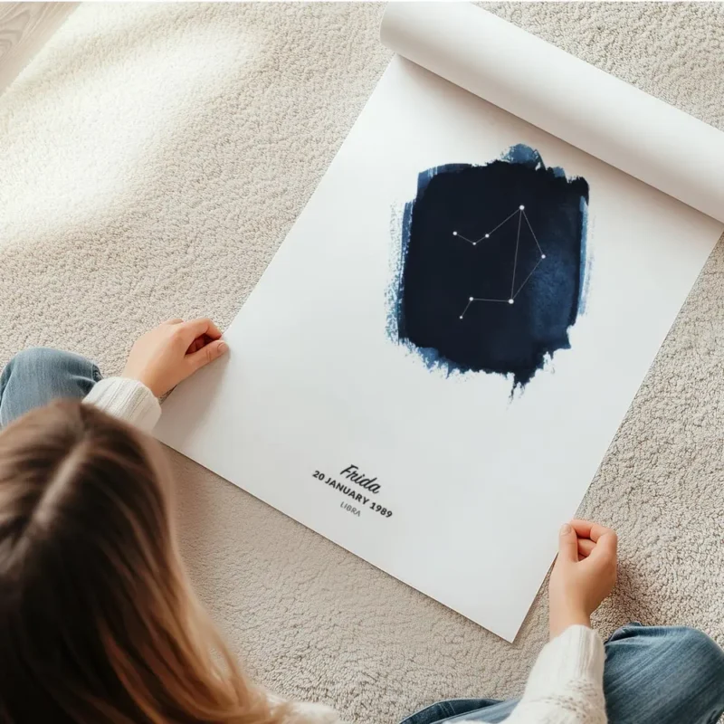 affiche balance personnalisee avec illustration du signe astrologique sur fond a en rouleau.webp