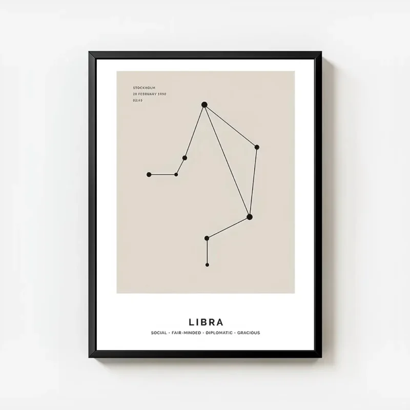 affiche balance personnalisee constellation noire sur fond beige avec typographi avec cadre.webp