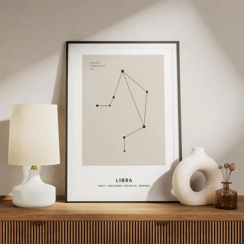 affiche balance personnalisee constellation noire sur fond beige avec typographi meuble.webp