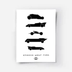 affiche batman avec silhouettes noires des batmobiles et le texte choose your ri.webp