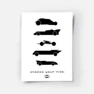 affiche batman avec silhouettes noires des batmobiles et le texte choose your ri.webp