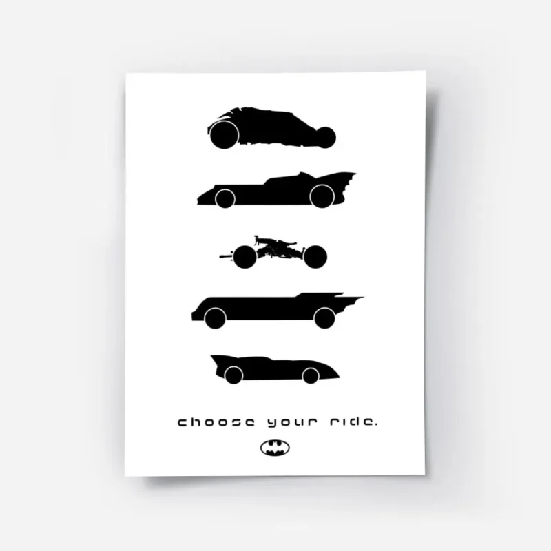 affiche batman avec silhouettes noires des batmobiles et le texte choose your ri.webp