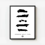 affiche batman avec silhouettes noires des batmobiles et le texte choose your ri avec cadre.webp