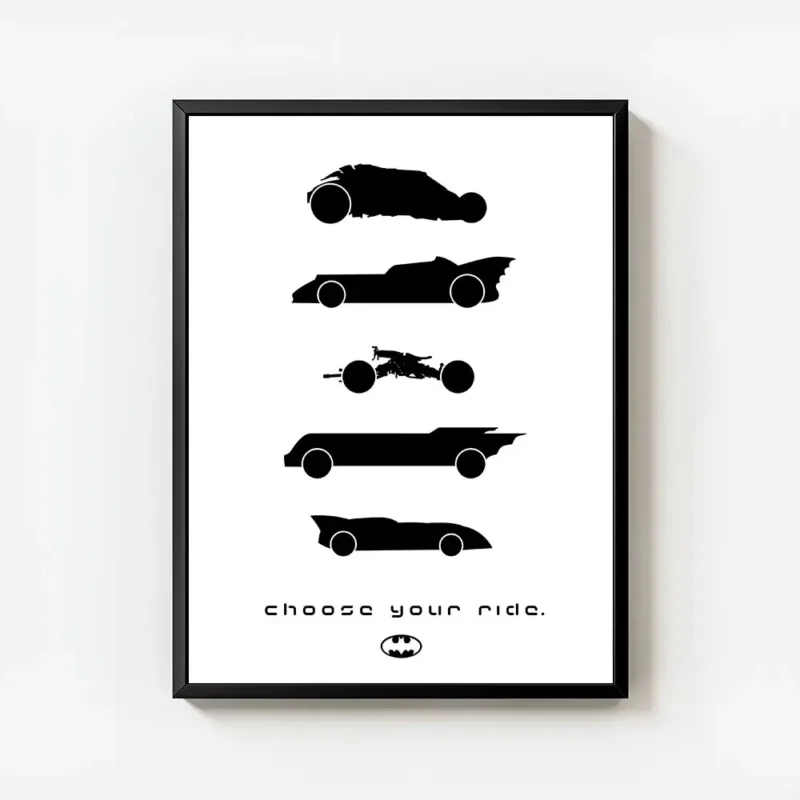 affiche batman avec silhouettes noires des batmobiles et le texte choose your ri avec cadre.webp
