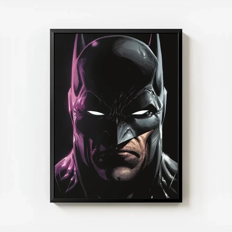 affiche batman en gros plan avec un eclairage neon violet sur la gauche sur fond avec cadre.webp