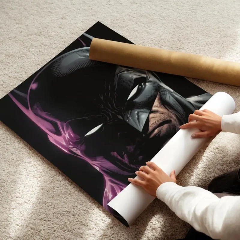 affiche batman en gros plan avec un eclairage neon violet sur la gauche sur fond enroule.webp