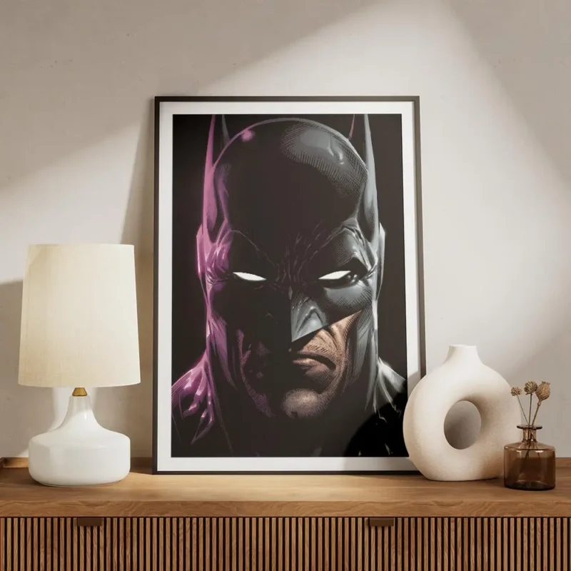 affiche batman en gros plan avec un eclairage neon violet sur la gauche sur fond meuble.webp