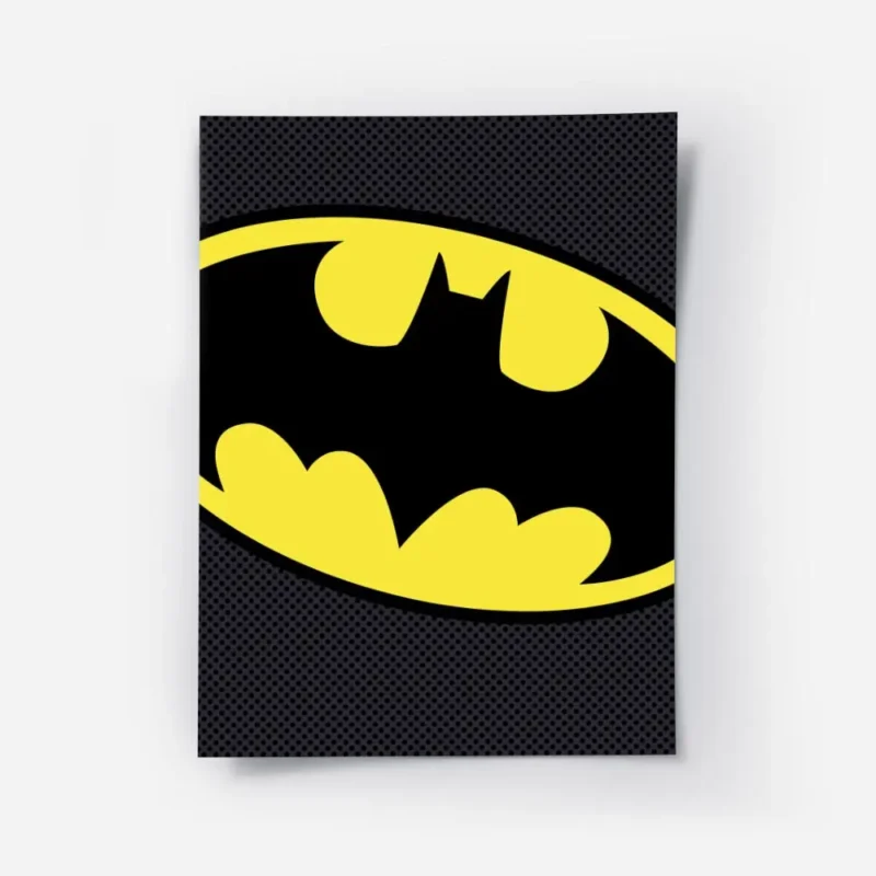 affiche batman jaune avec logo noir sur fond gris texture.webp