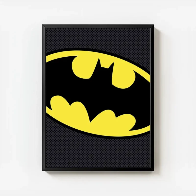 affiche batman jaune avec logo noir sur fond gris texture avec cadre.webp